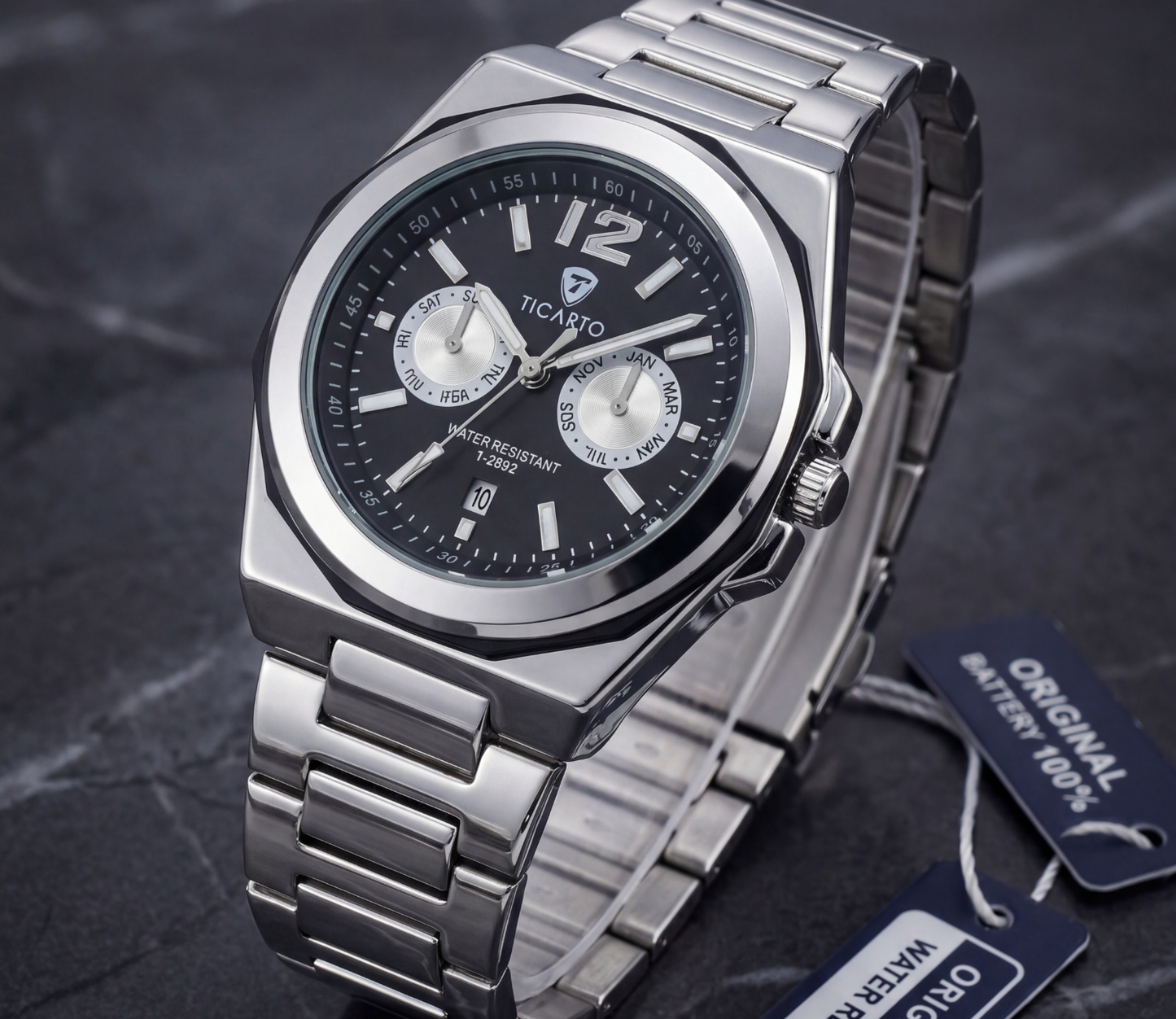 TICARTO T-2892 Classic Black Dial Stainless Steel Watch