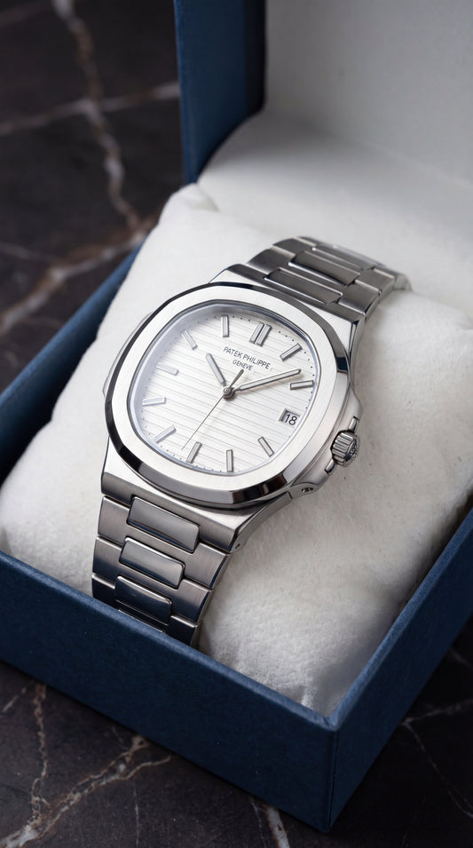 Luxury Stainless Steel Patek Philippe Nautilus Style Watch – Black Dial with Date Window