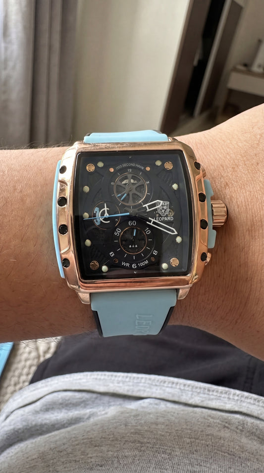 Leopard Men's Luxury Sport Watch – Rose Gold Square Case with Cyan Silicone Strap