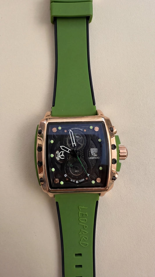 Leopard Rose Gold Tonneau Chronograph – Tactical Olive Green Edition