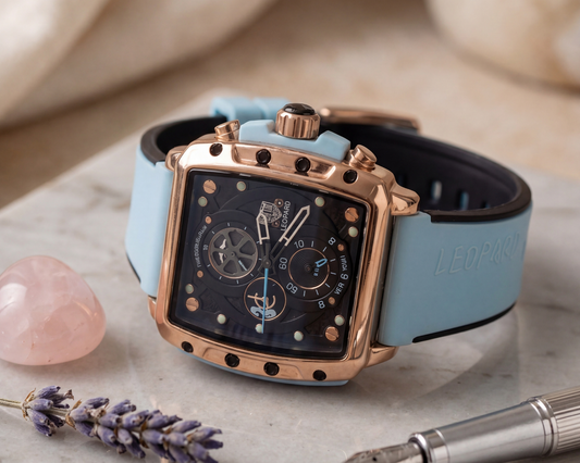 Leopard Men's Luxury Sport Watch – Rose Gold Square Case with Cyan Silicone Strap