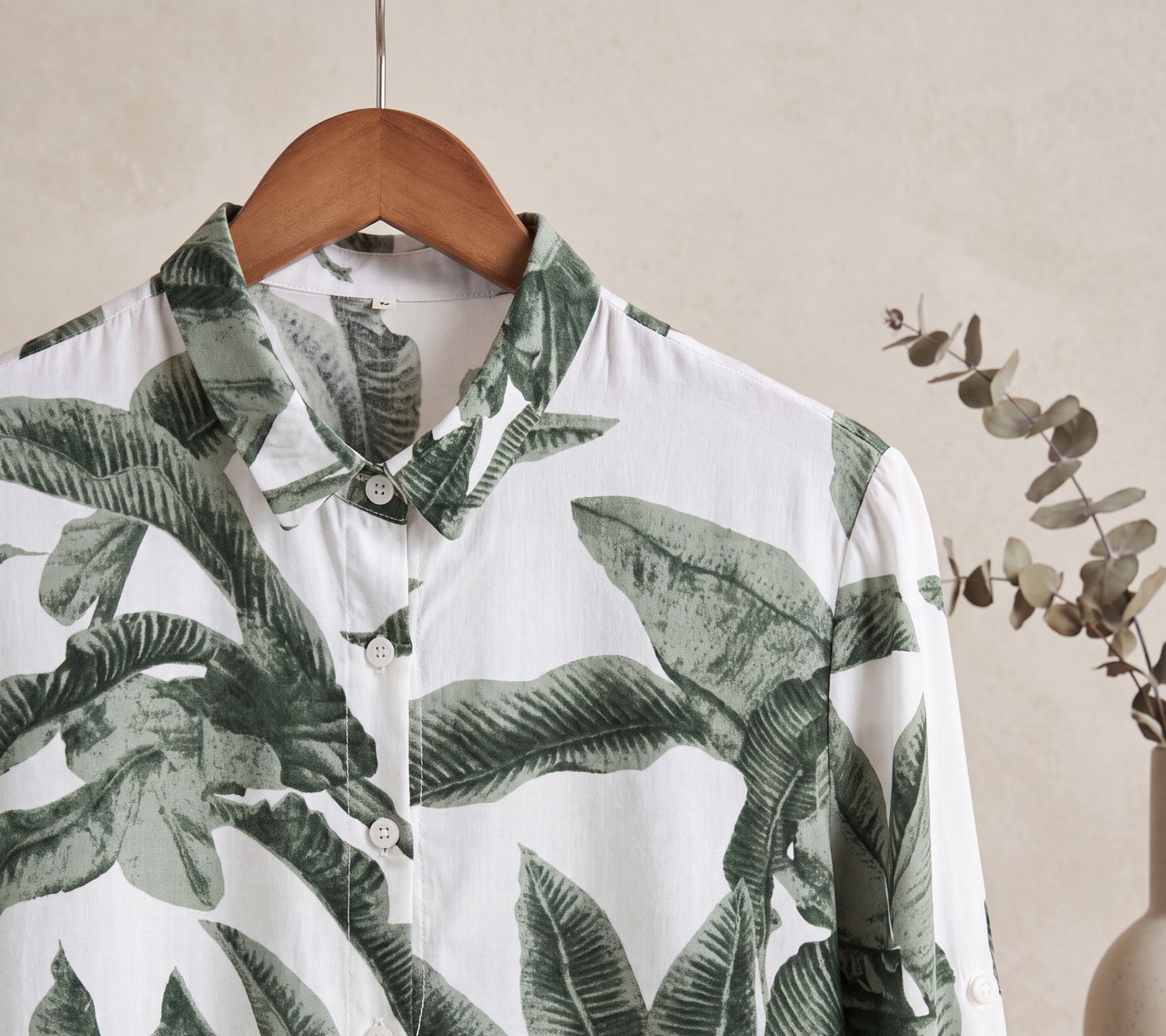 Women’s Muted Green Banana Leaf Botanical Print Button-Down Shirt