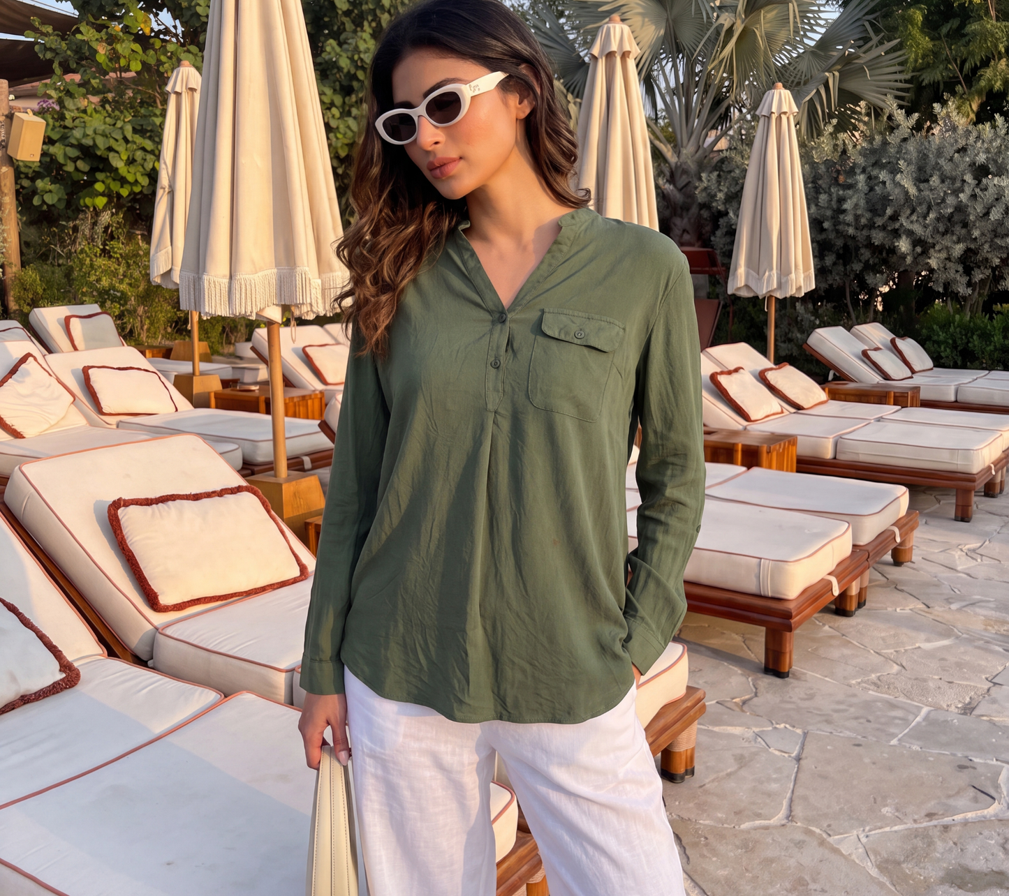 Olive Green Henley Tunic Top – Casual Long Sleeve Blouse