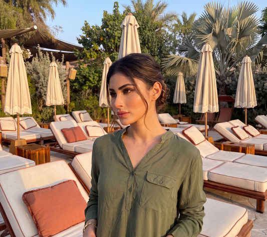 Olive Green Henley Tunic Top – Casual Long Sleeve Blouse