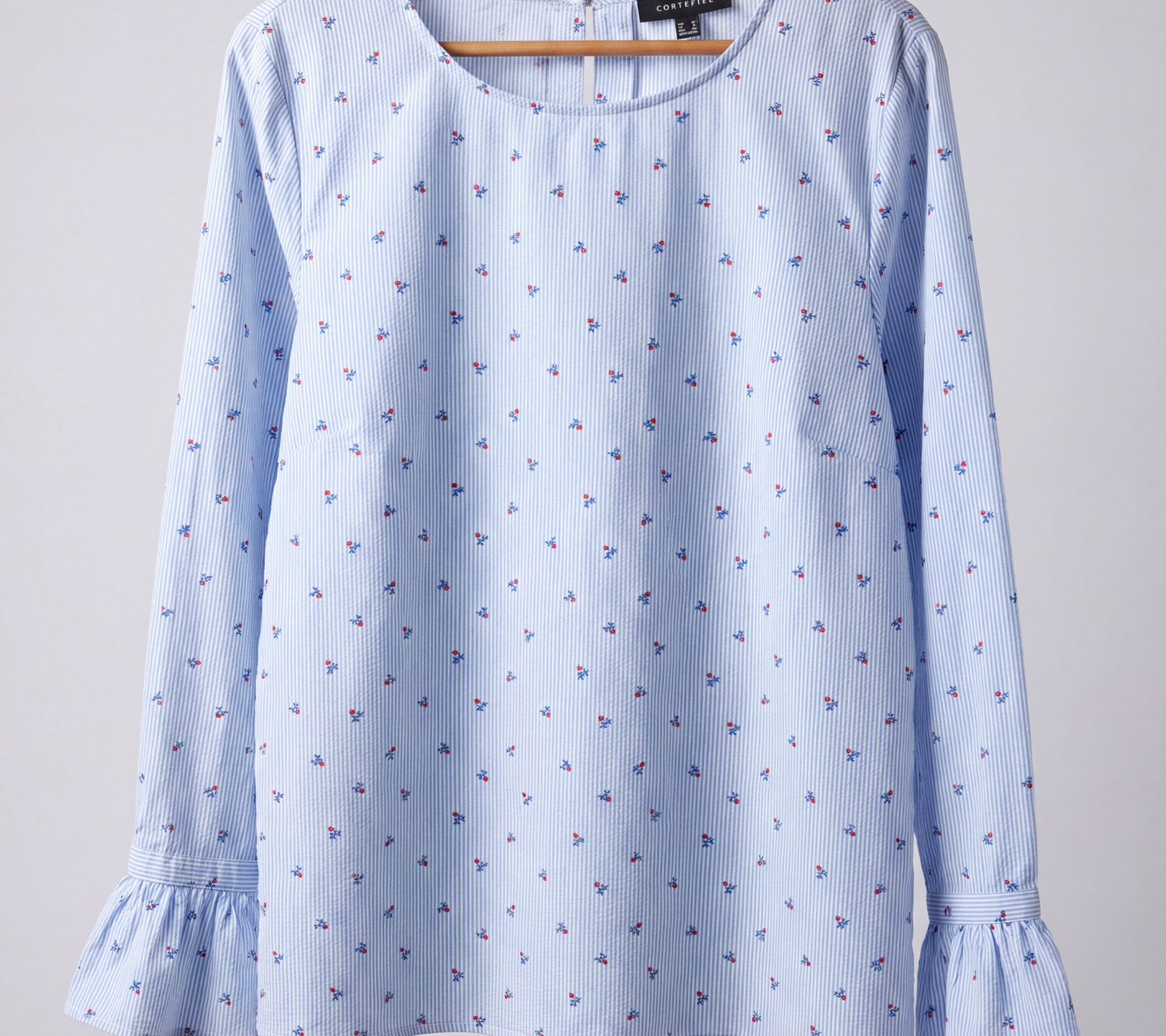 Cortefiel Women's Light Blue Striped Ditsy Floral Blouse with Ruffle Cuffs