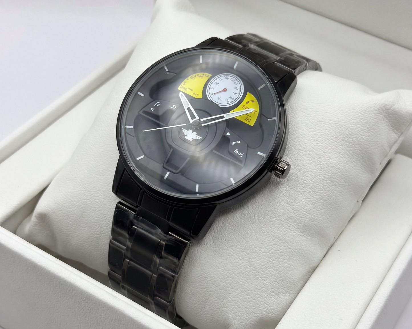 3D Steering Wheel Racing Watch | Gunmetal & Yellow Sport Edition