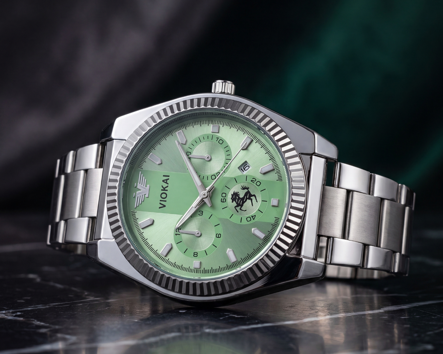 men's Classic Silver Steel Watch | Sunburst Green Dial