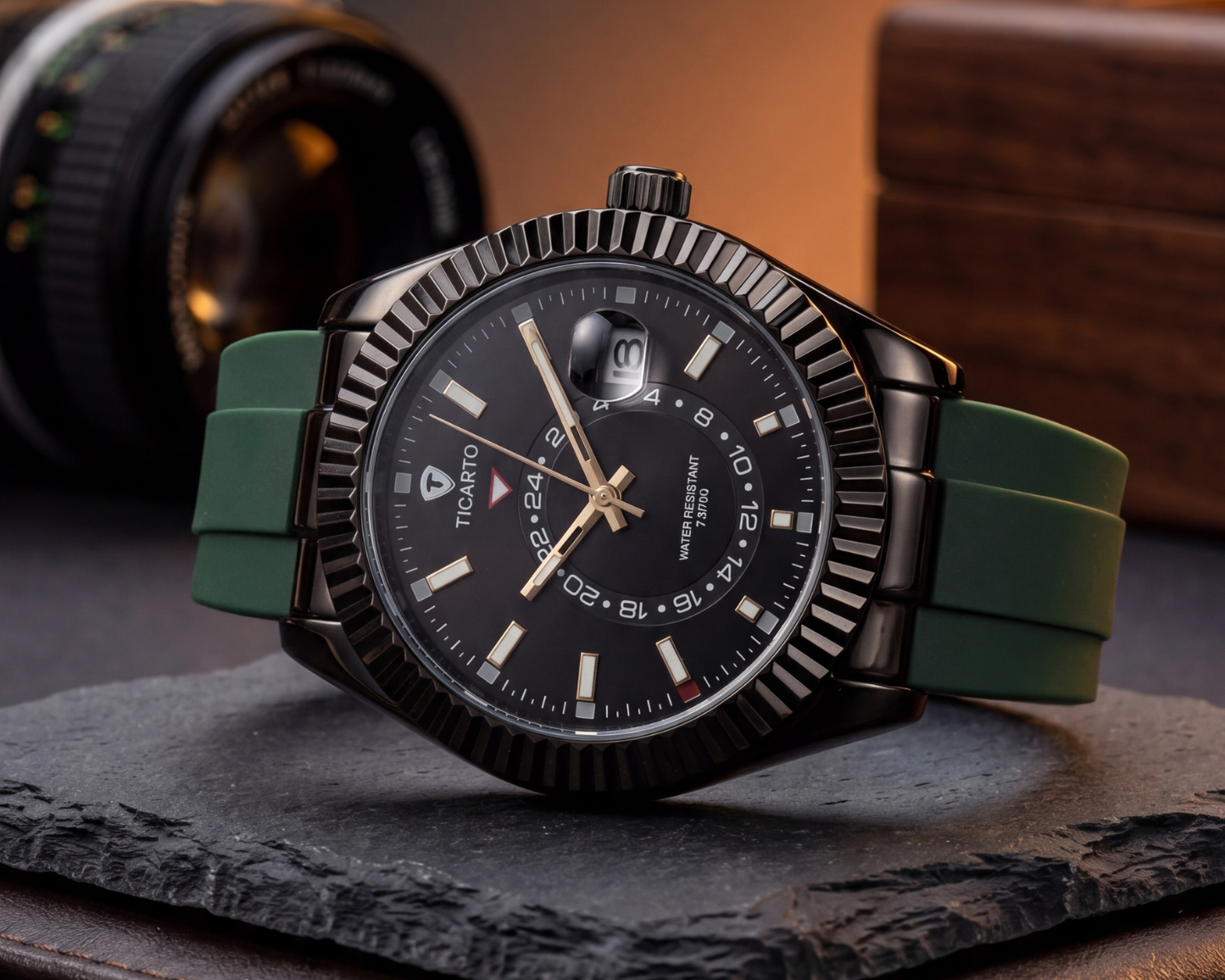 TICARTO Premium Black Dial Wrist Watch with Green Strap – Luxury Elegant Design (T-3706)