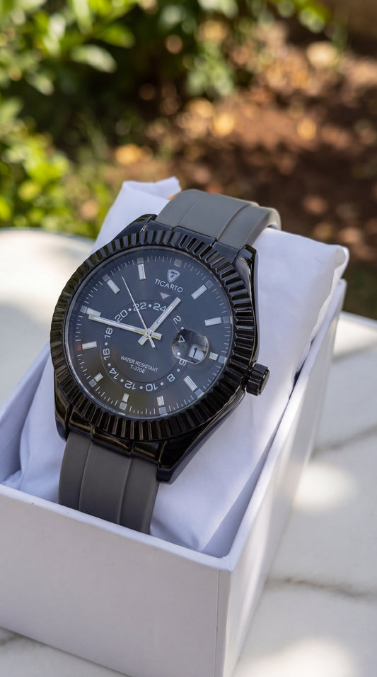 TICARTO T-3706 "Obsidian" GMT Edition – Matte Black Fluted Bezel with Slate Grey Rubber Strap