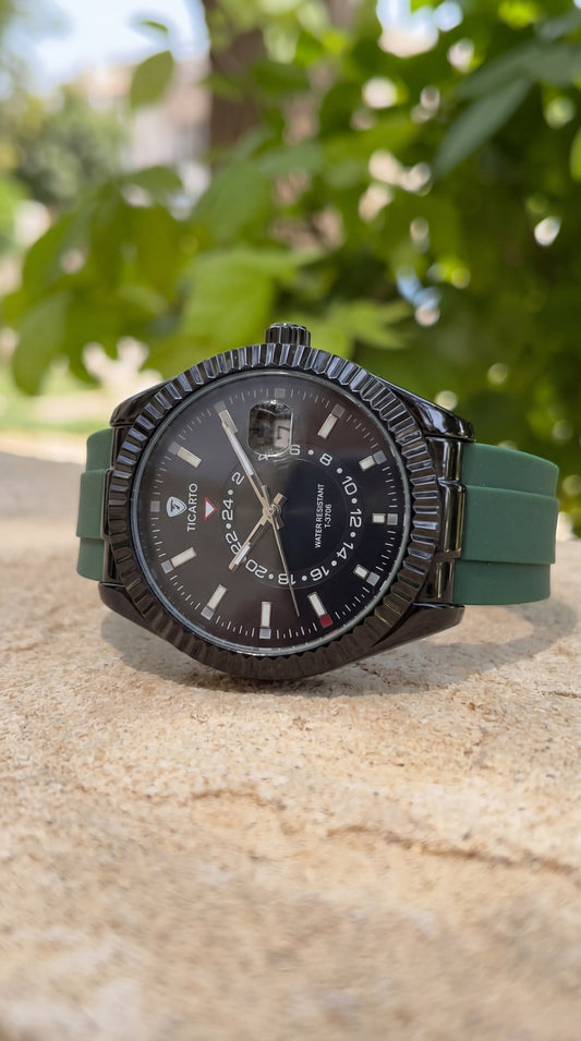 TICARTO Premium Black Dial Wrist Watch with Green Strap – Luxury Elegant Design (T-3706)