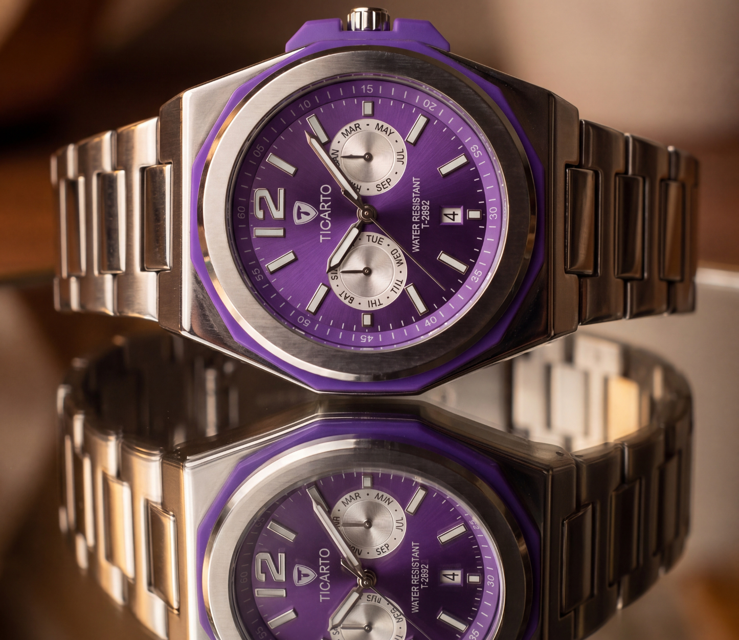 TICARTO T-2892 Signature Purple Dial Stainless Steel Watch