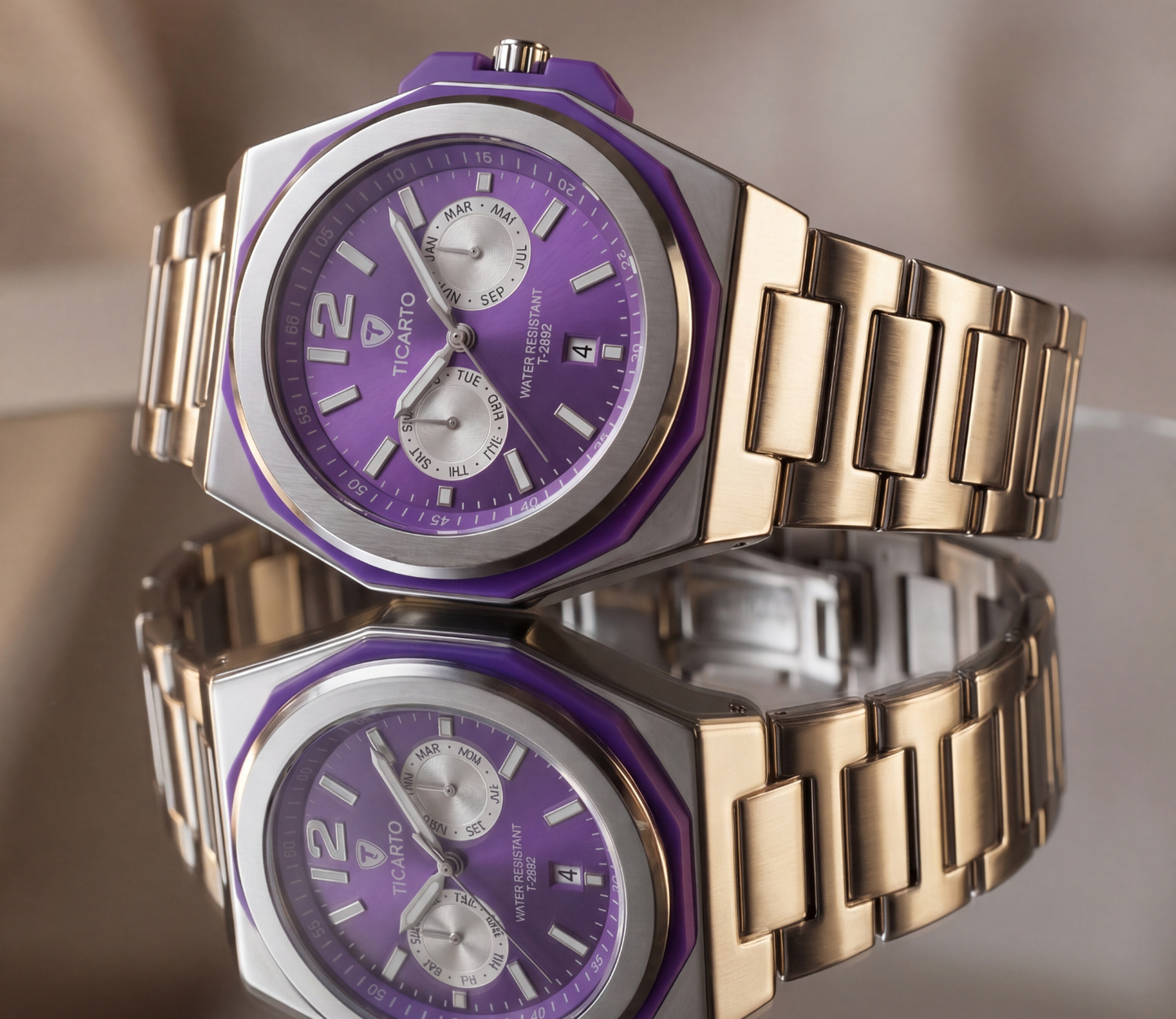 TICARTO T-2892 Signature Purple Dial Stainless Steel Watch