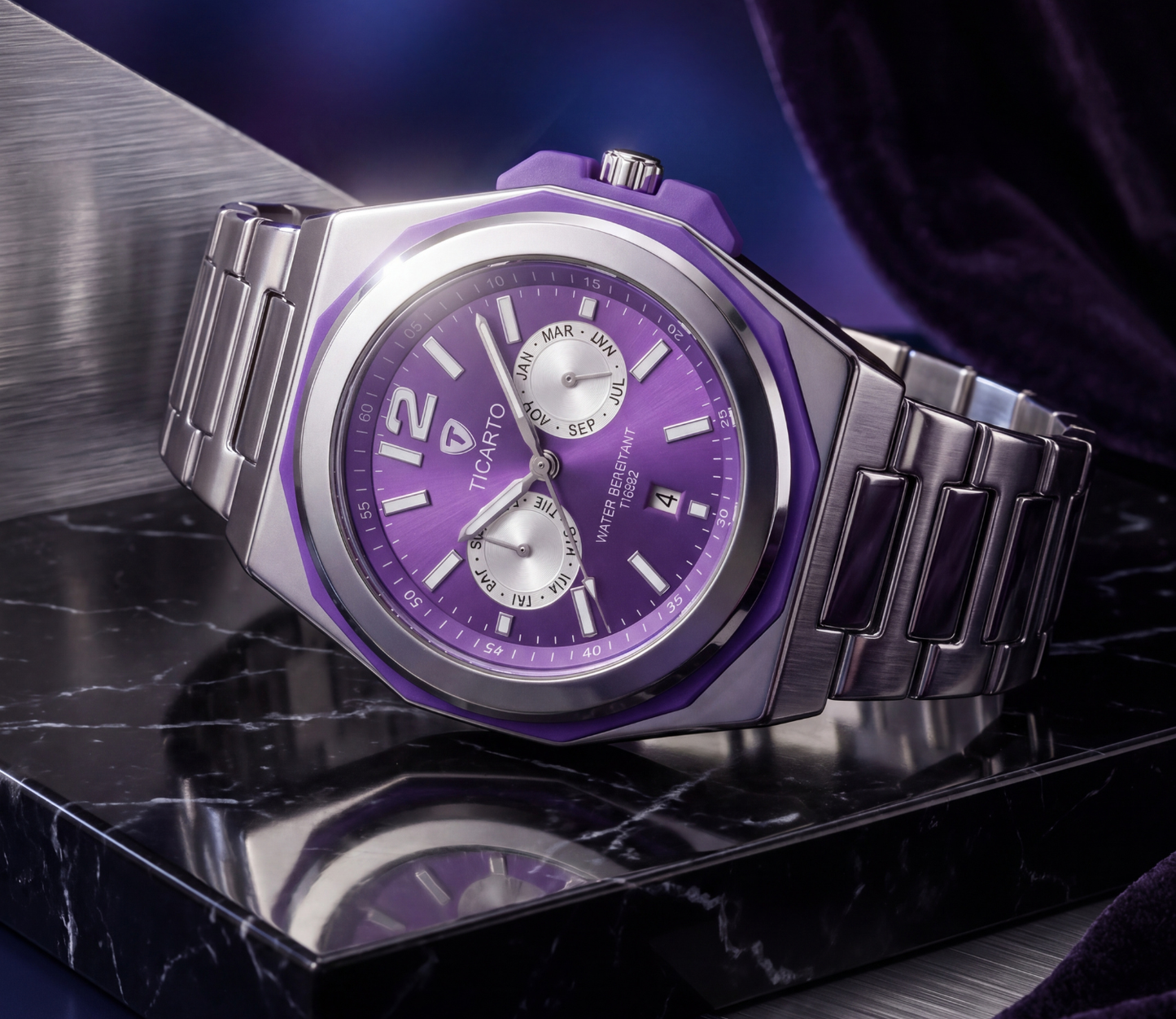 TICARTO T-2892 Signature Purple Dial Stainless Steel Watch