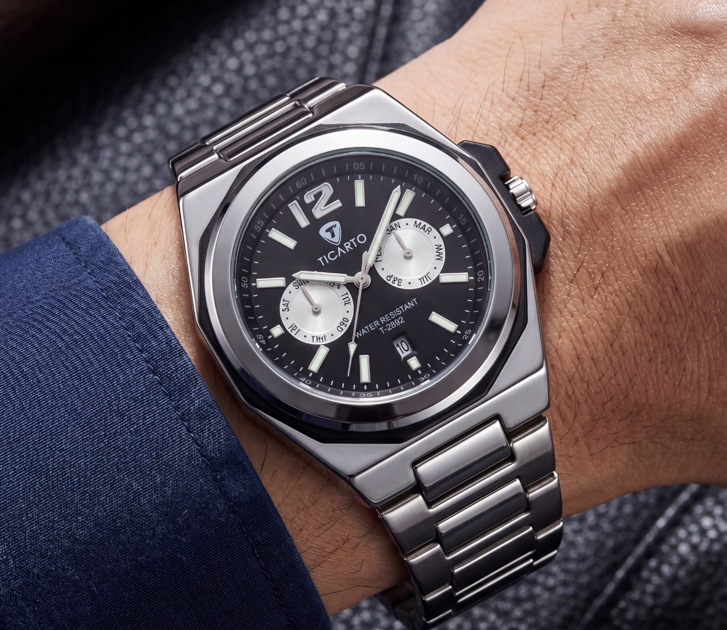 TICARTO T-2892 Classic Black Dial Stainless Steel Watch