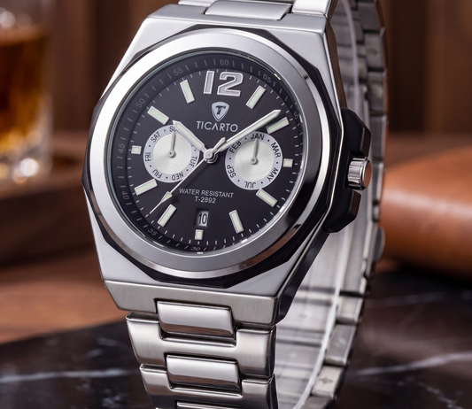 TICARTO T-2892 Classic Black Dial Stainless Steel Watch