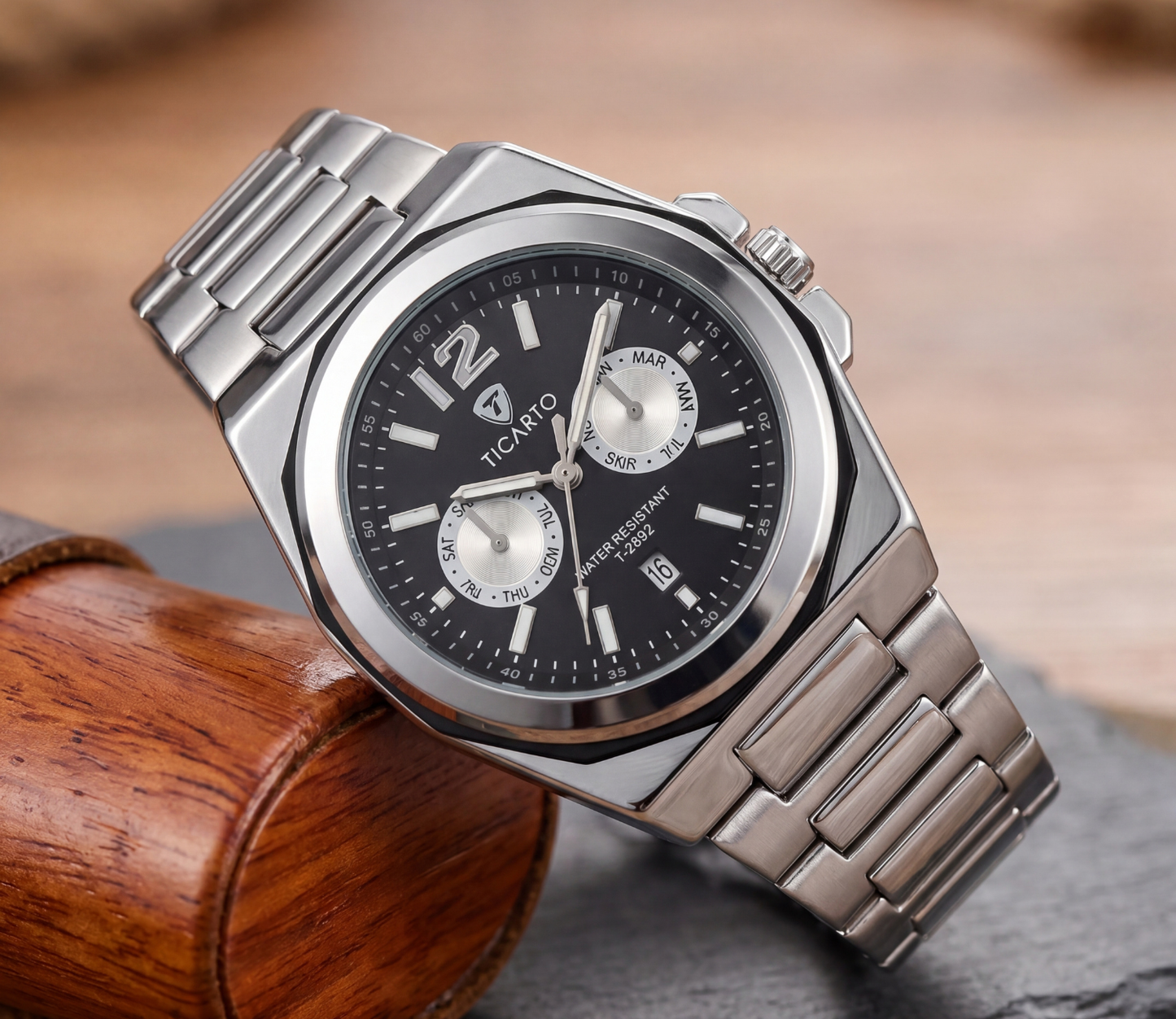 TICARTO T-2892 Classic Black Dial Stainless Steel Watch