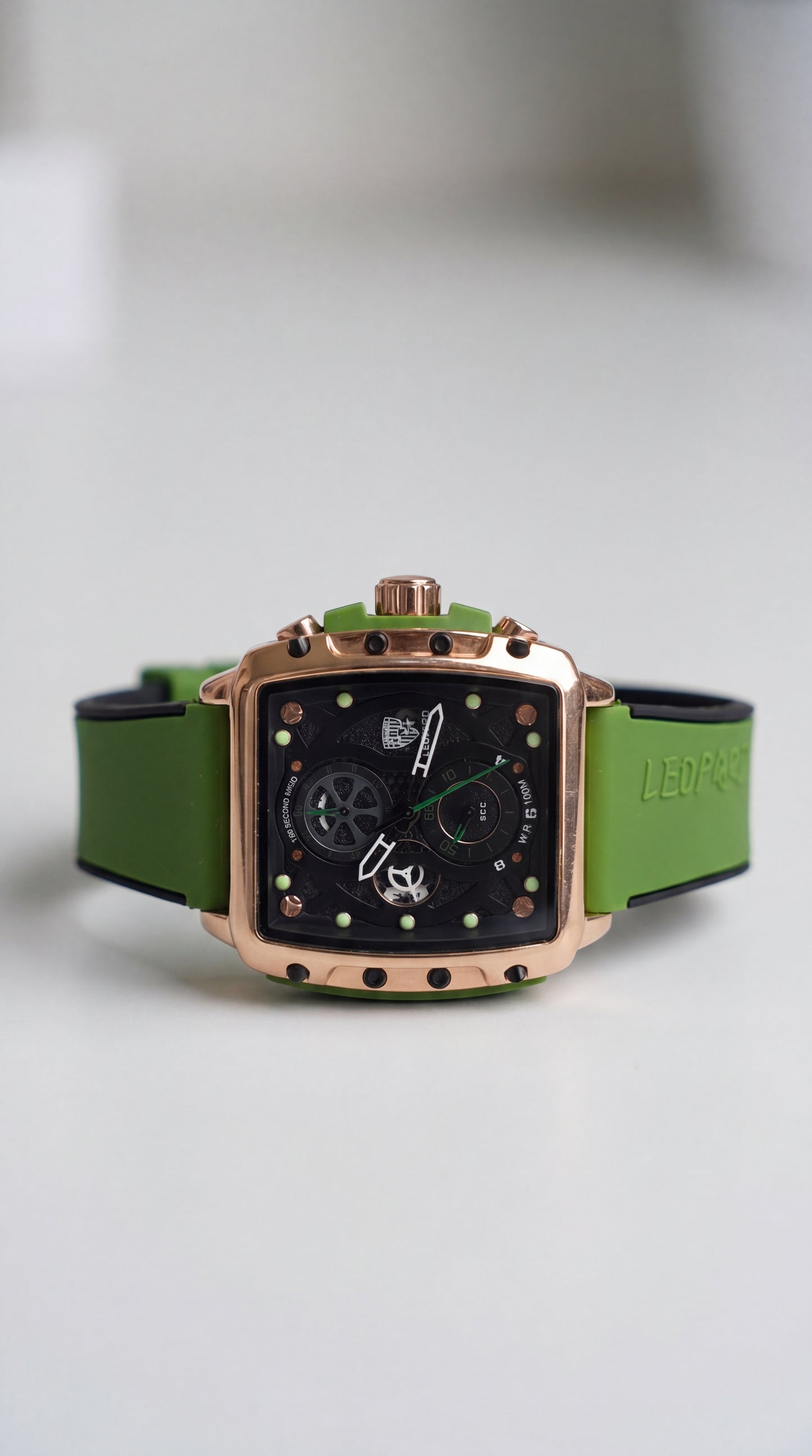 Leopard Rose Gold Tonneau Chronograph – Tactical Olive Green Edition