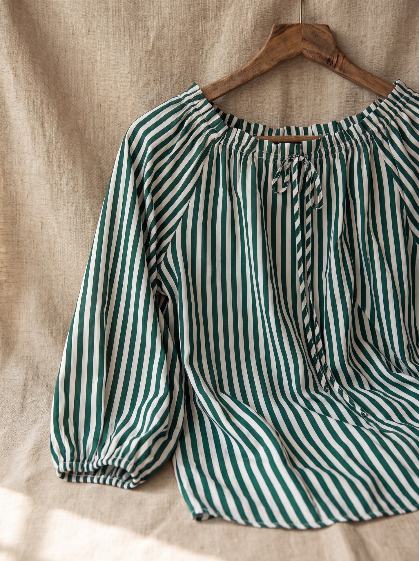 Thrifted Emerald Striped Boho Top with Tie-Neck