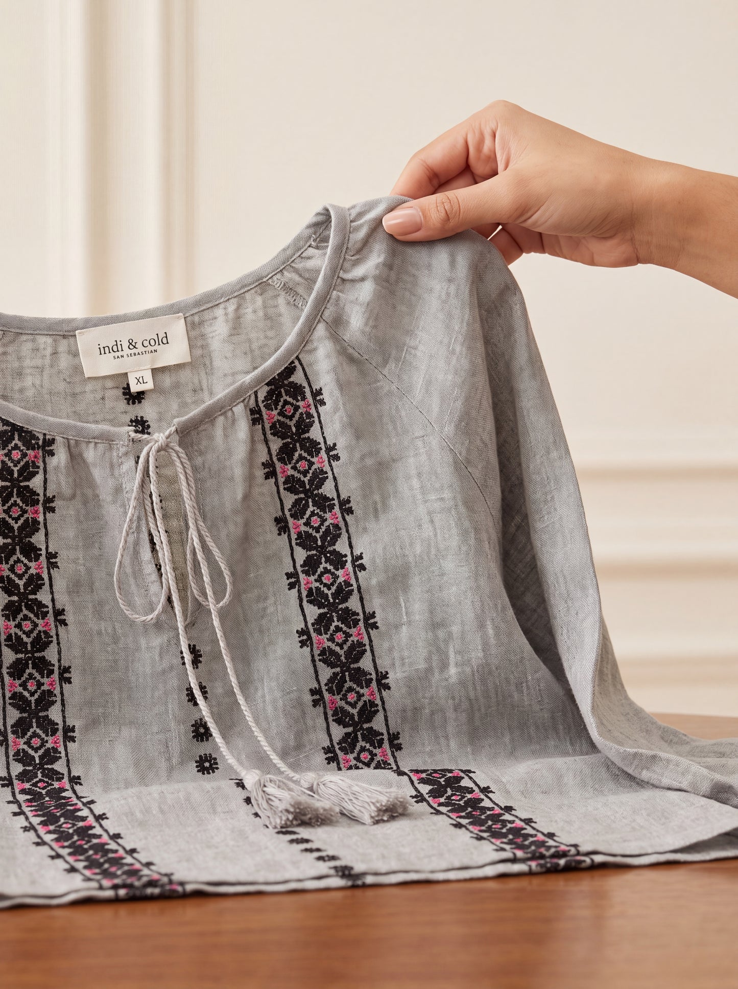 indi & cold Grey Linen-Blend Tassel Blouse with Geometric Embroidery