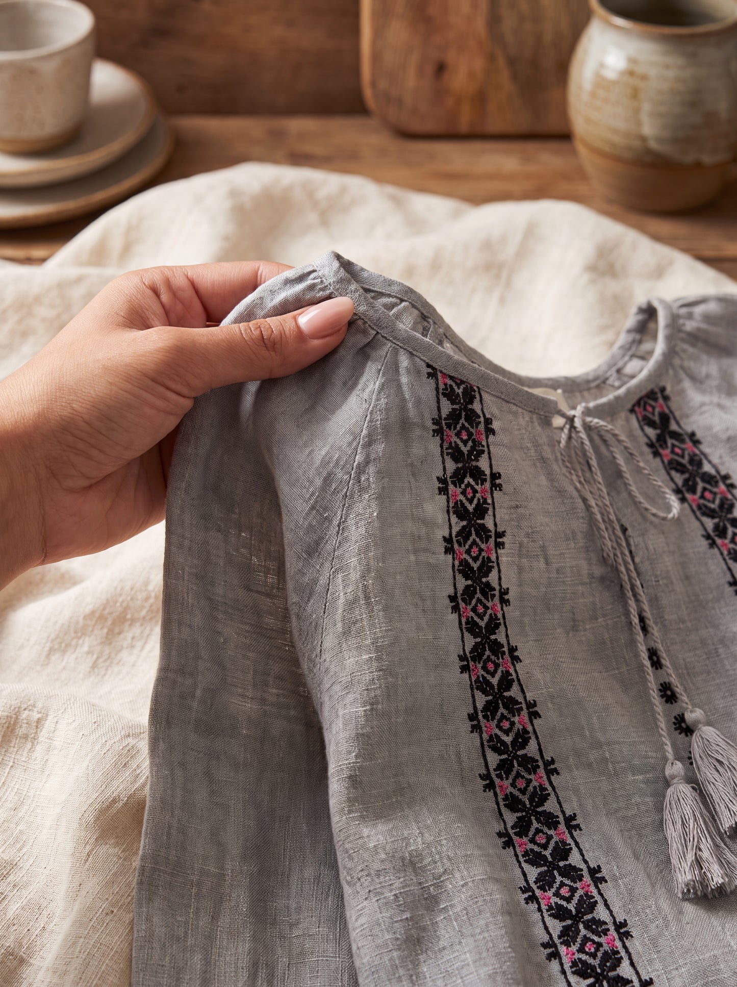 indi & cold Grey Linen-Blend Tassel Blouse with Geometric Embroidery