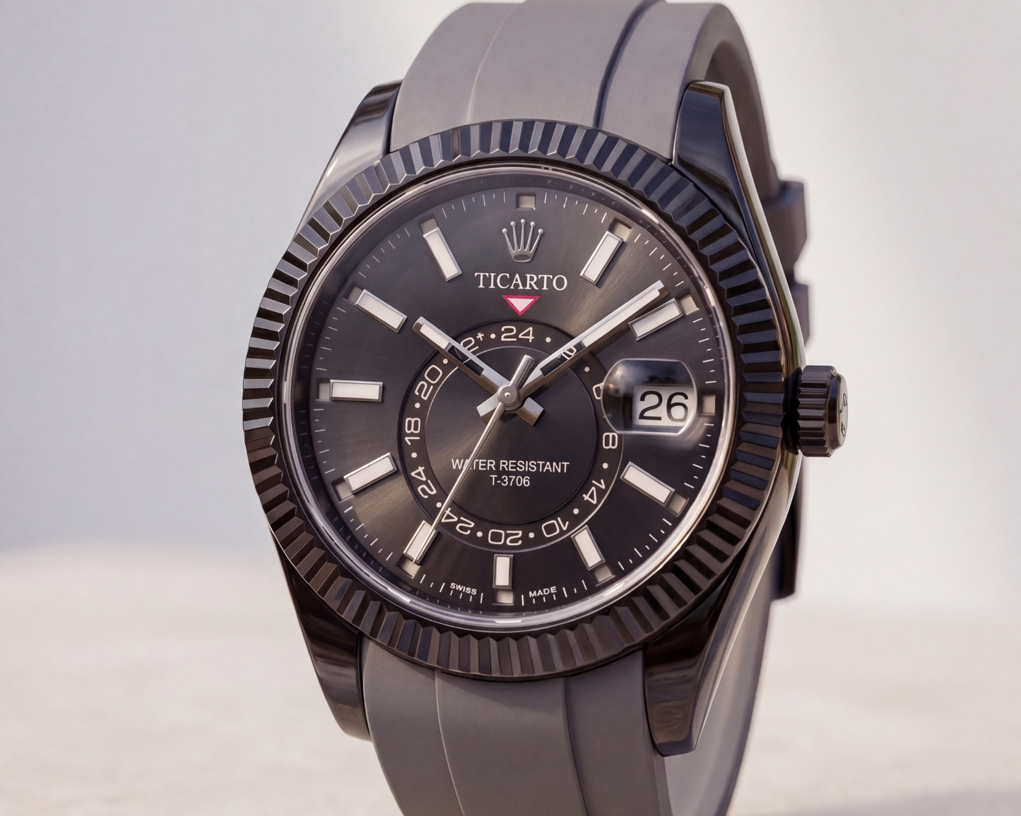 TICARTO T-3706 "Obsidian" GMT Edition – Matte Black Fluted Bezel with Slate Grey Rubber Strap
