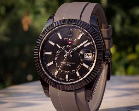 TICARTO T-3706 "Obsidian" GMT Edition – Matte Black Fluted Bezel with Slate Grey Rubber Strap