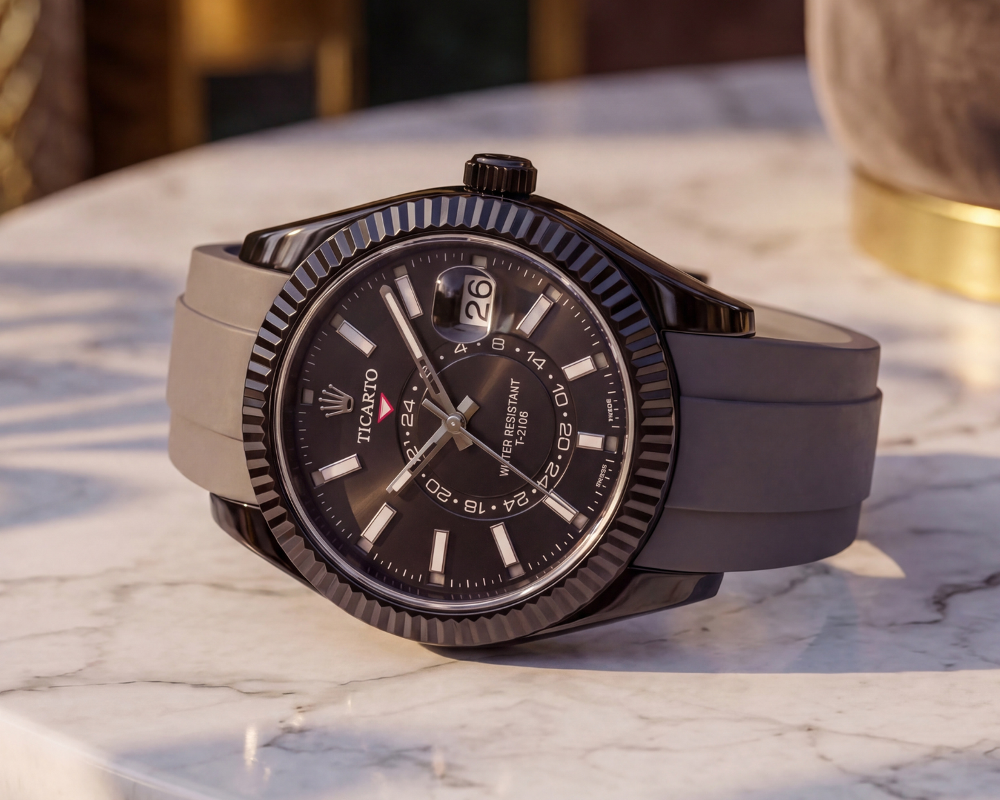 TICARTO T-3706 "Obsidian" GMT Edition – Matte Black Fluted Bezel with Slate Grey Rubber Strap