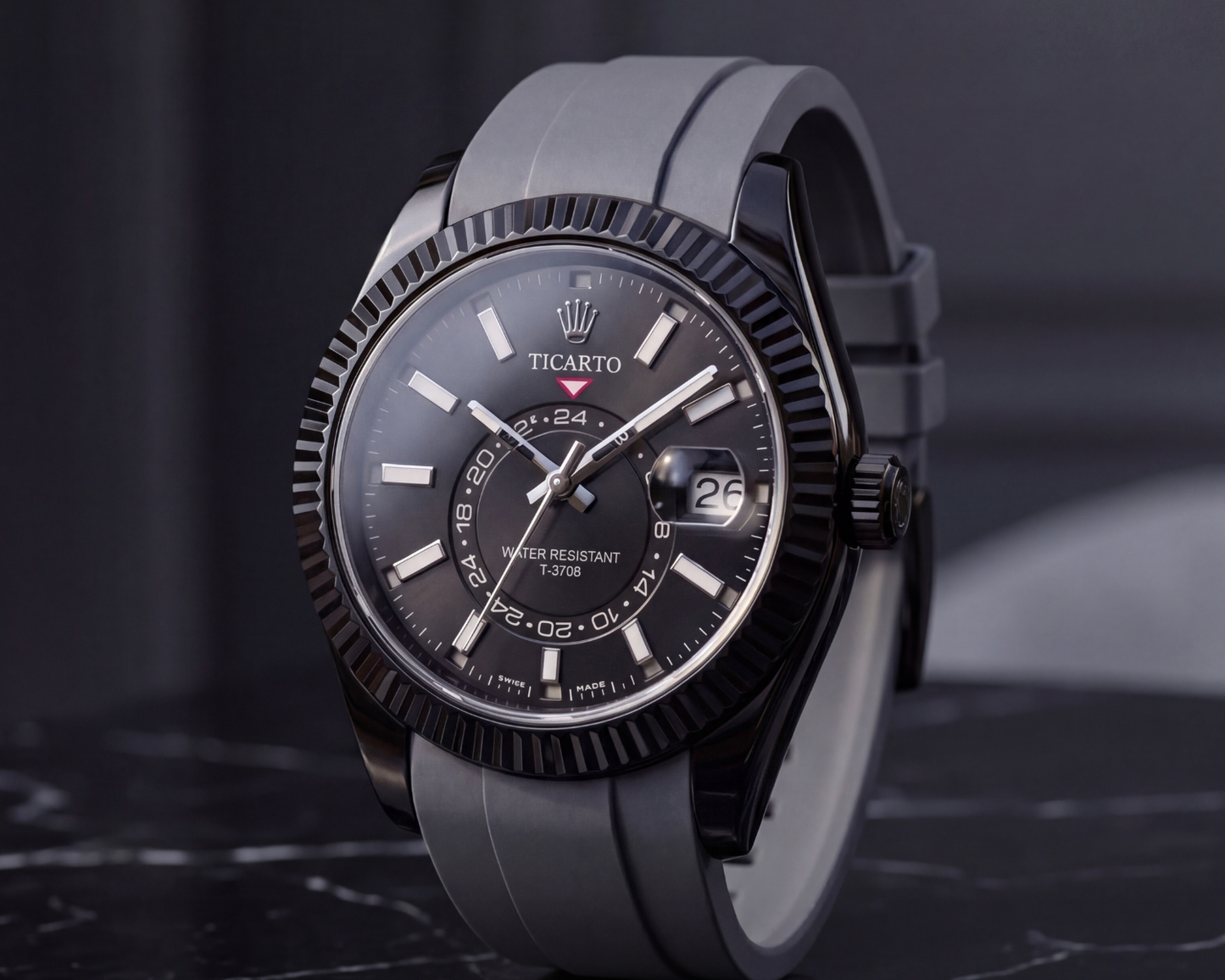 TICARTO T-3706 "Obsidian" GMT Edition – Matte Black Fluted Bezel with Slate Grey Rubber Strap