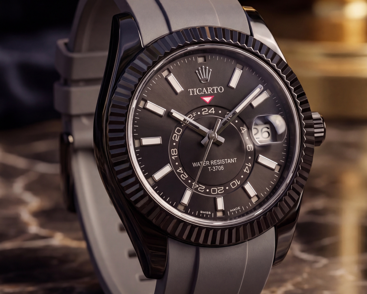 TICARTO T-3706 "Obsidian" GMT Edition – Matte Black Fluted Bezel with Slate Grey Rubber Strap