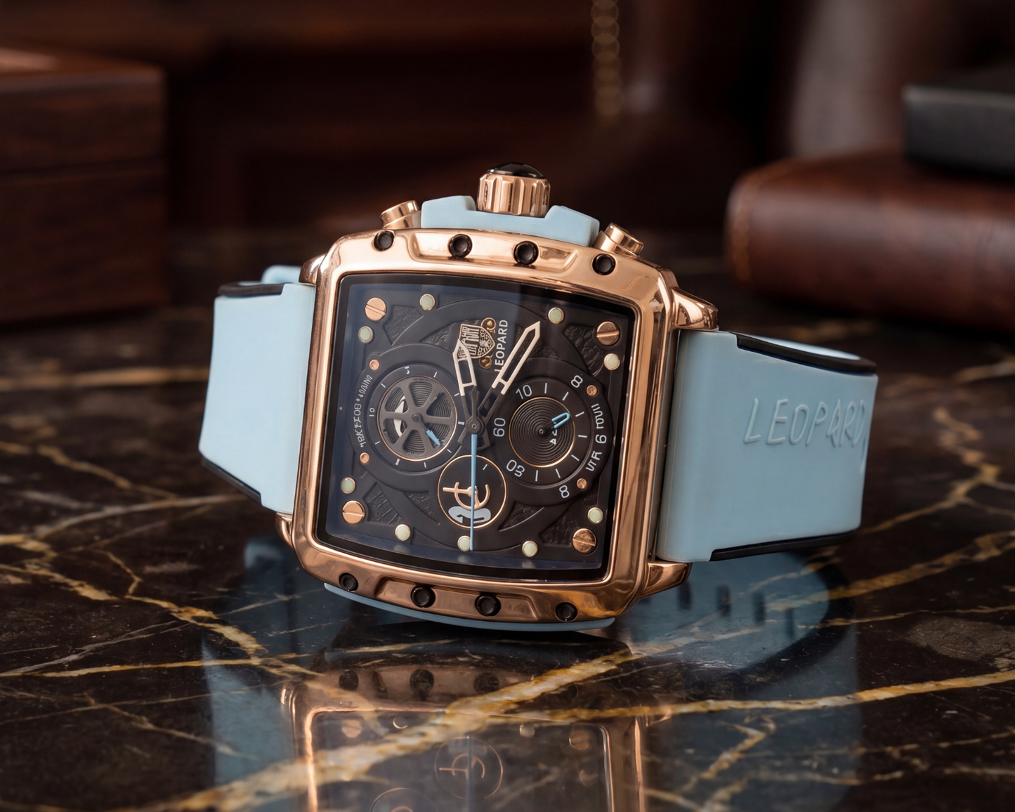 Leopard Men's Luxury Sport Watch – Rose Gold Square Case with Cyan Silicone Strap