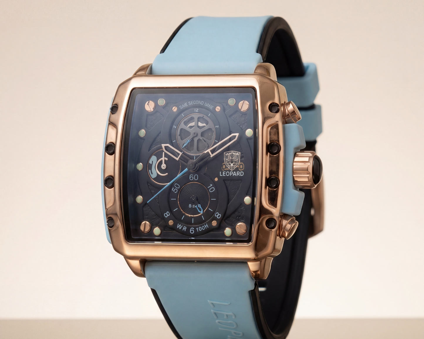 Leopard Men's Luxury Sport Watch – Rose Gold Square Case with Cyan Silicone Strap