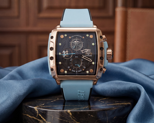 Leopard Men's Luxury Sport Watch – Rose Gold Square Case with Cyan Silicone Strap