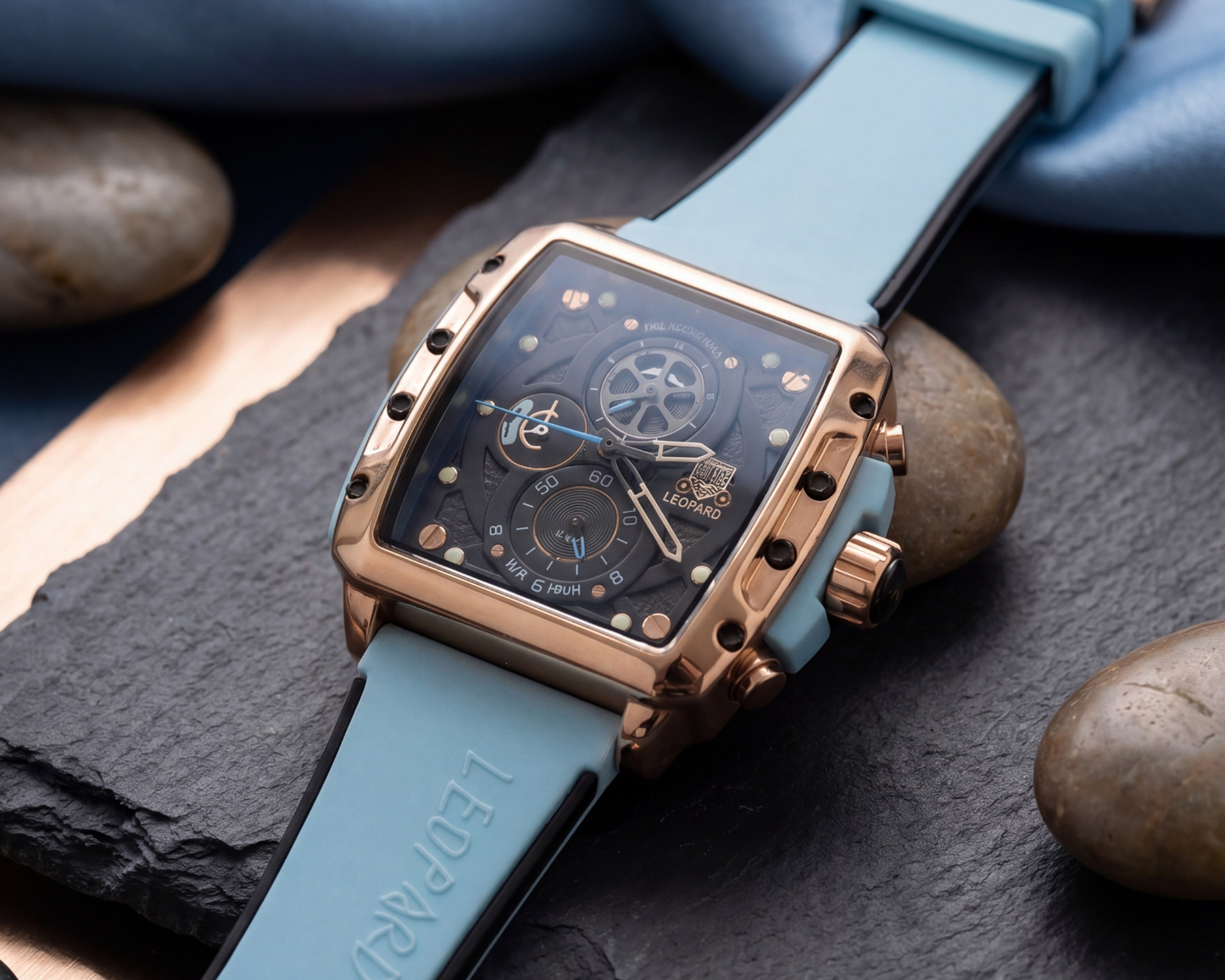Leopard Men's Luxury Sport Watch – Rose Gold Square Case with Cyan Silicone Strap