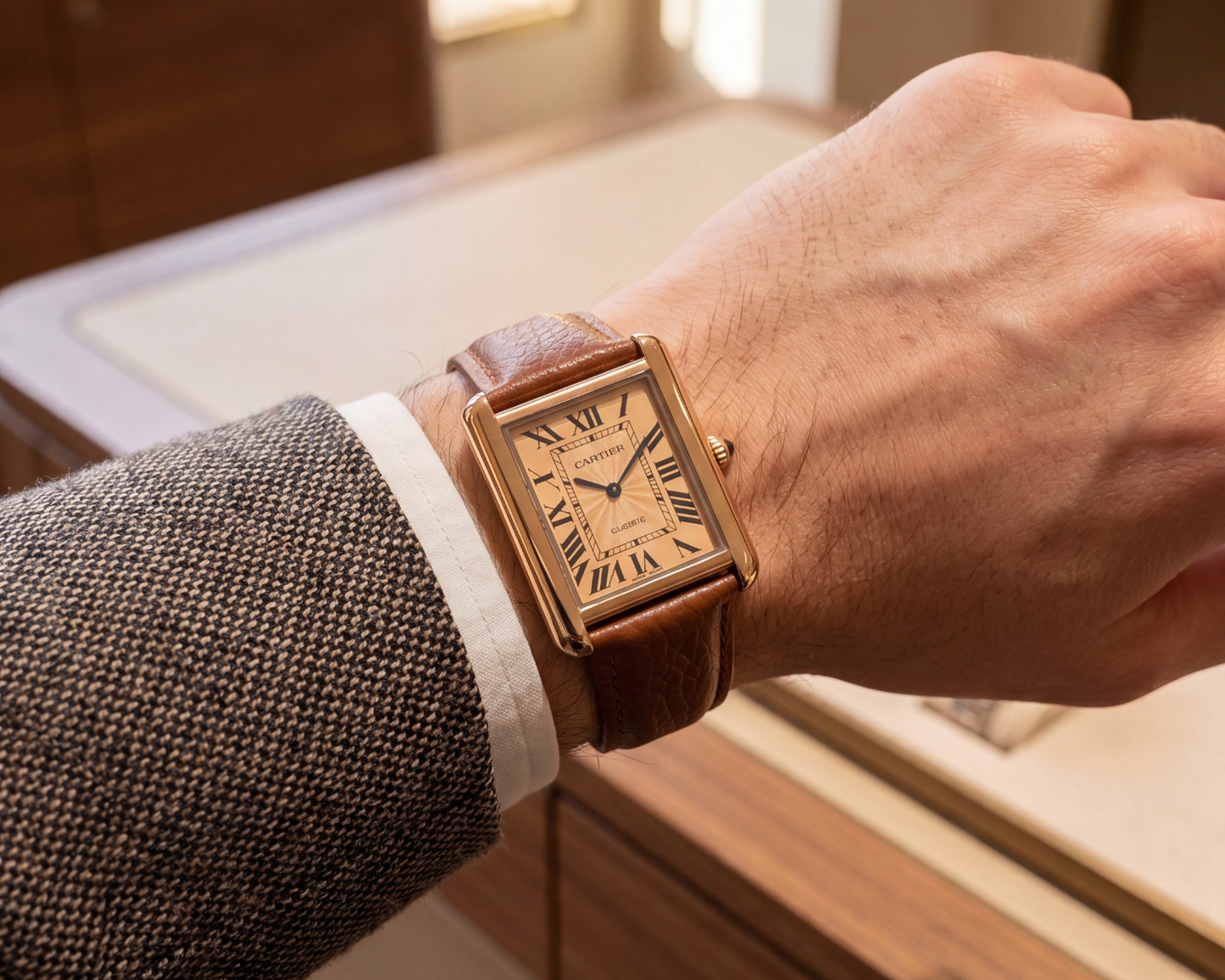 Classic Roman Dial Gold Rectangular Watch – Brown Leather Strap (Vintage Luxury Style)
