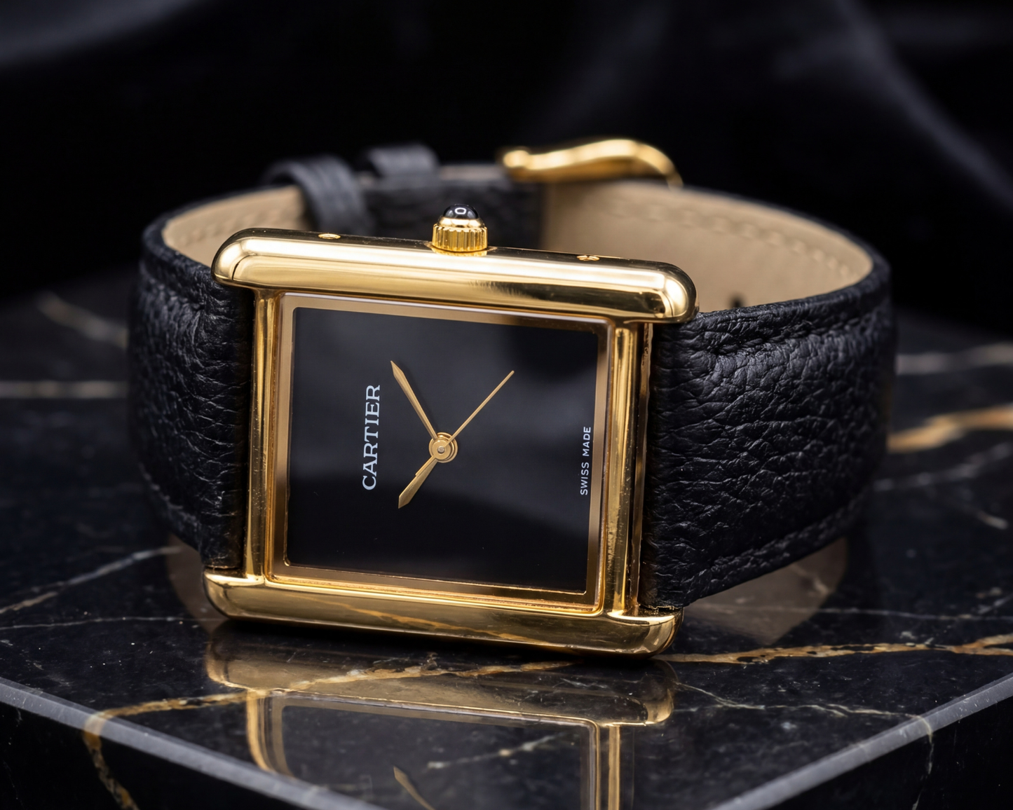 Luxury Black Dial Gold Rectangular Watch – Premium Leather Strap (Minimal Classic Design