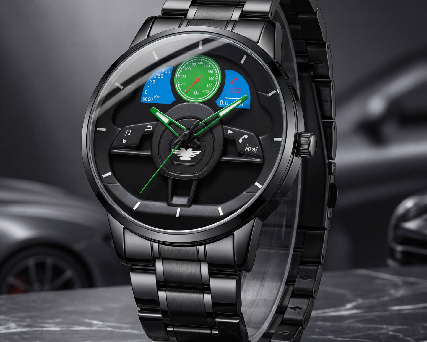 3D Steering Wheel Racing Watch | Stealth Black Metal