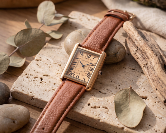 Classic Roman Dial Gold Rectangular Watch – Brown Leather Strap (Vintage Luxury Style)