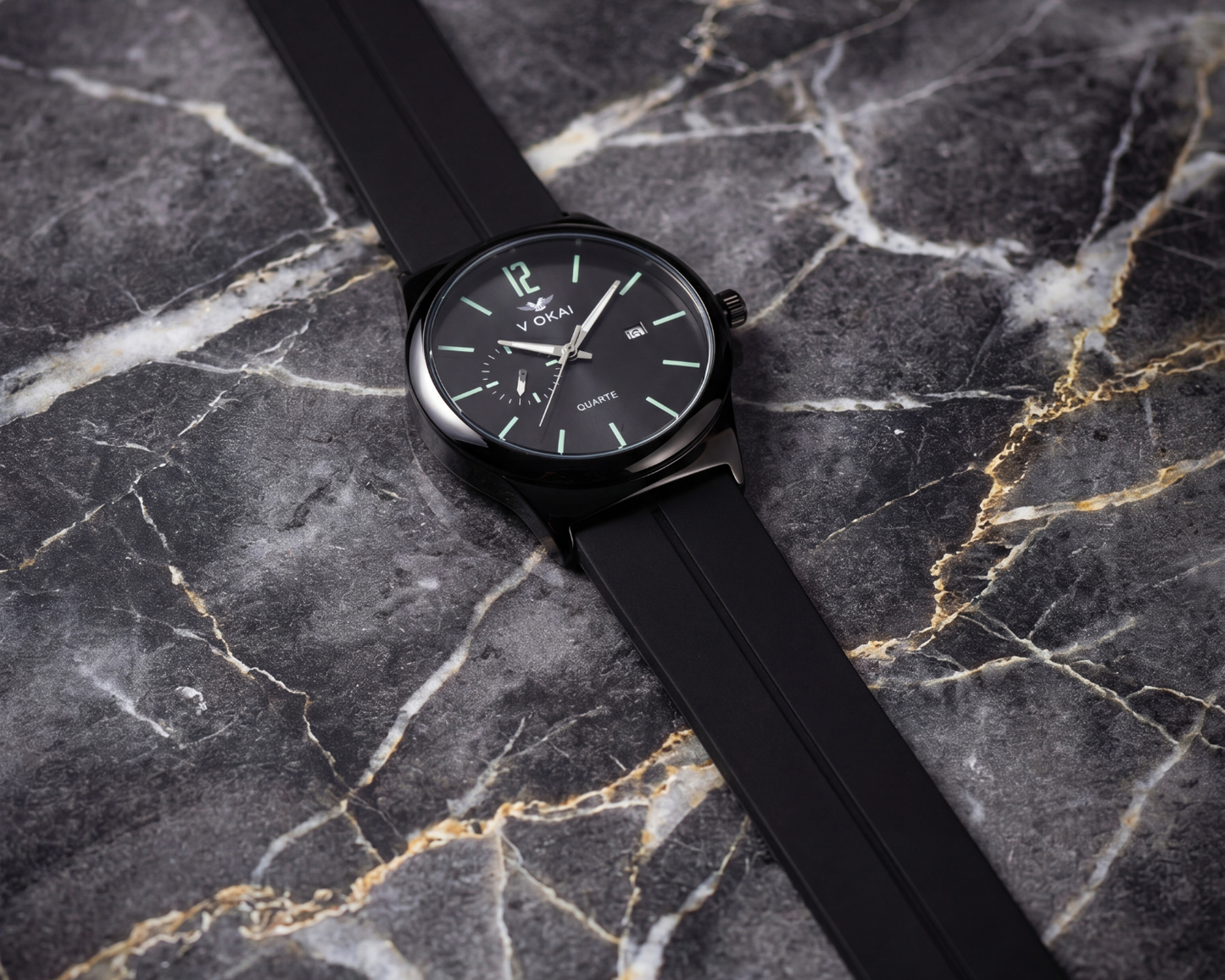 V OKAI Men's Minimalist Black Quartz Watch | Luminous Dial & Silicone Strap