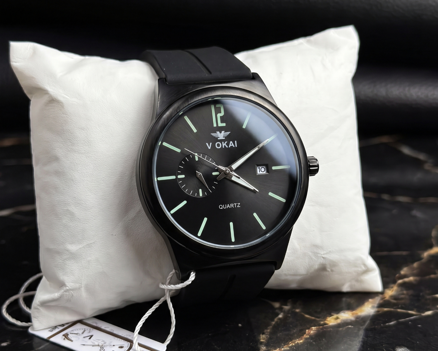V OKAI Men's Minimalist Black Quartz Watch | Luminous Dial & Silicone Strap