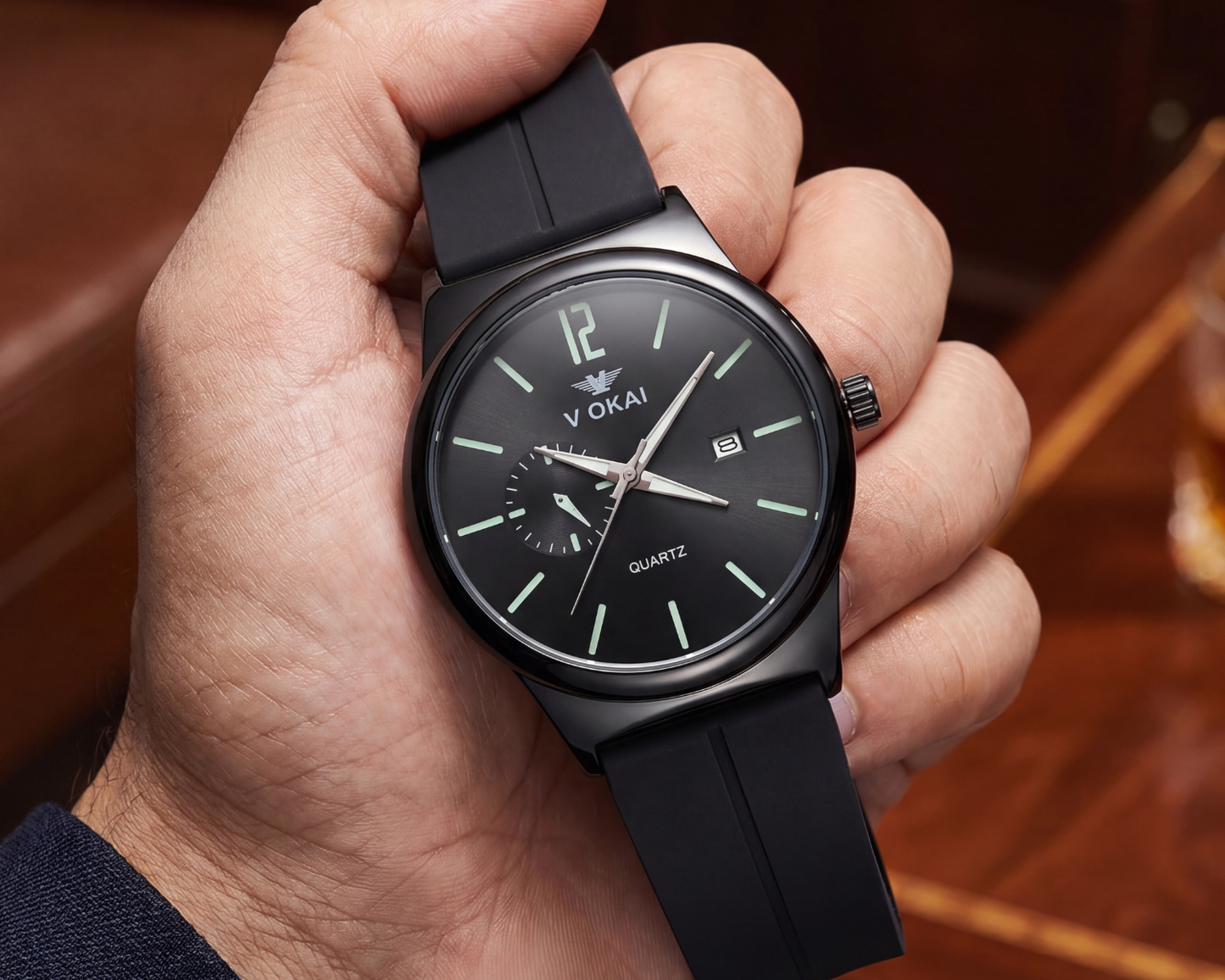 V OKAI Men's Minimalist Black Quartz Watch | Luminous Dial & Silicone Strap