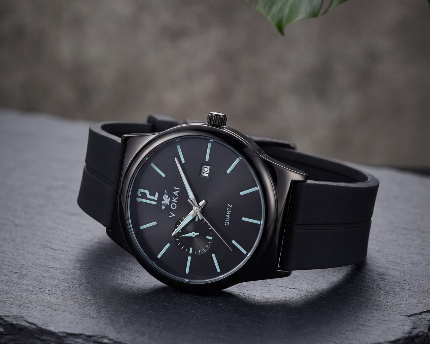 V OKAI Men's Minimalist Black Quartz Watch | Luminous Dial & Silicone Strap
