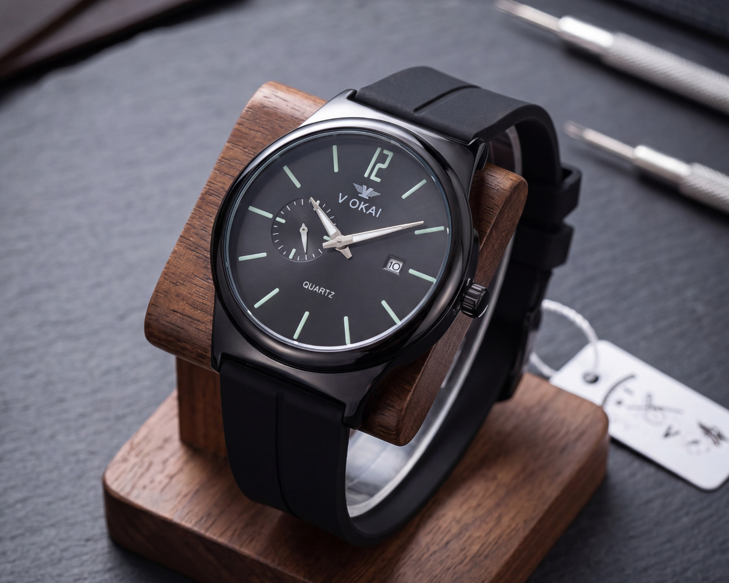 V OKAI Men's Minimalist Black Quartz Watch | Luminous Dial & Silicone Strap