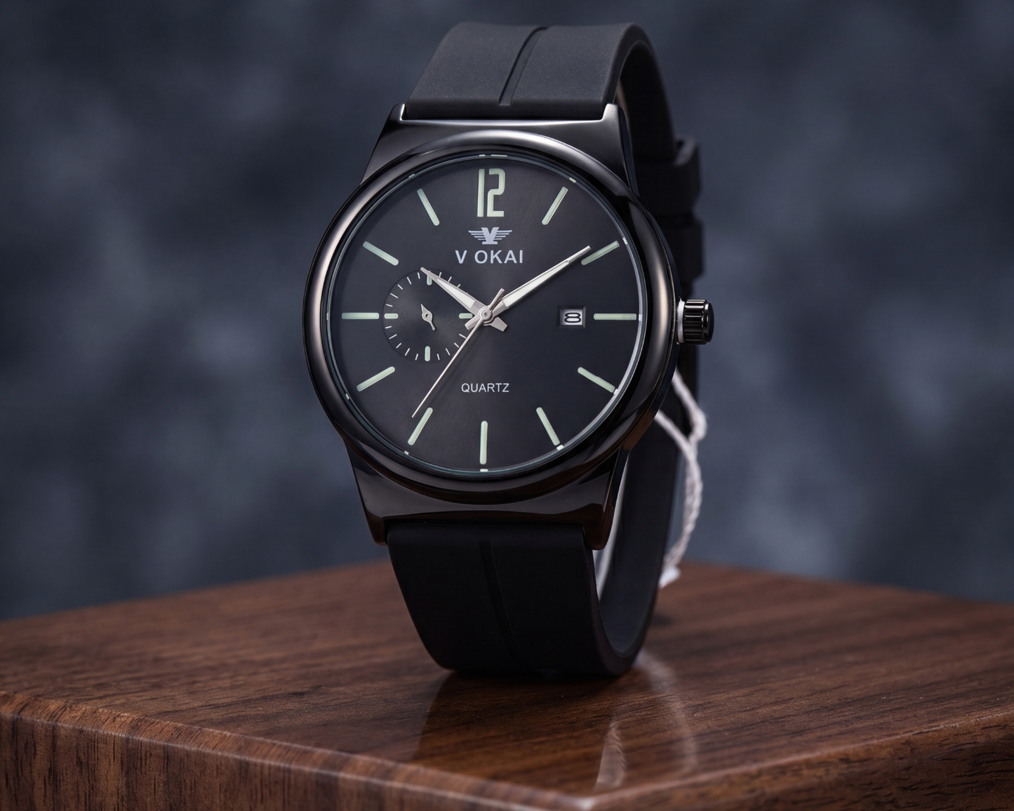 V OKAI Men's Minimalist Black Quartz Watch | Luminous Dial & Silicone Strap