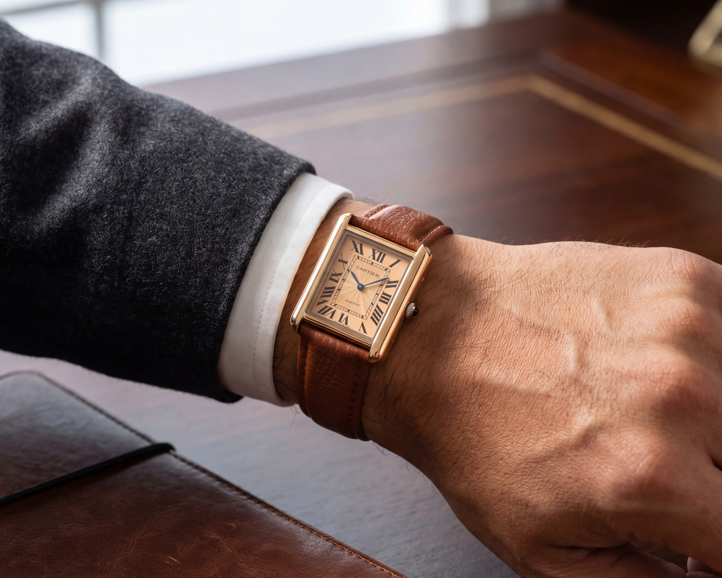 Classic Roman Dial Gold Rectangular Watch – Brown Leather Strap (Vintage Luxury Style)