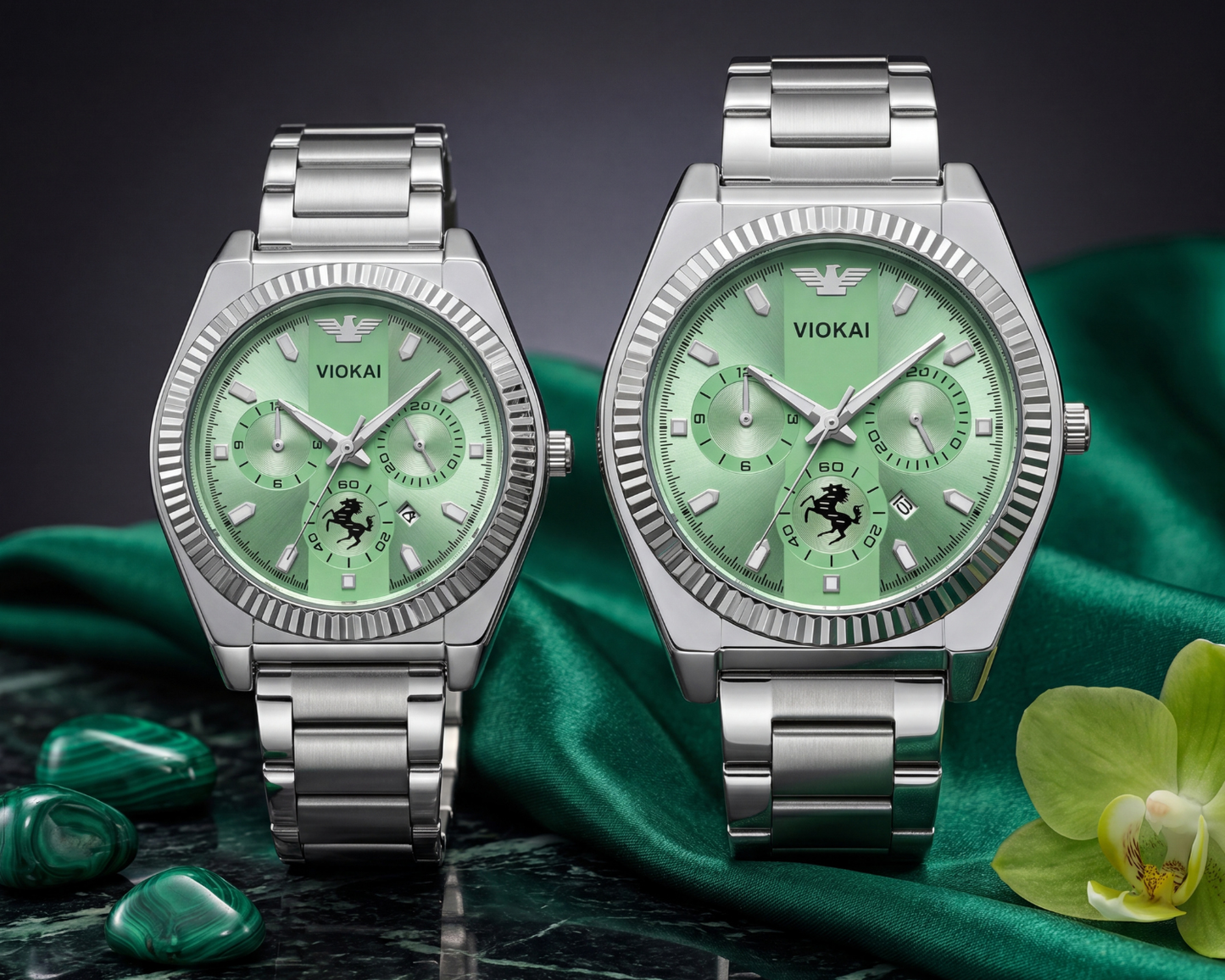 VIOKAI Luxury Couple’s Watch Set | Emerald Green Dial & Silver Steel (His & Hers)