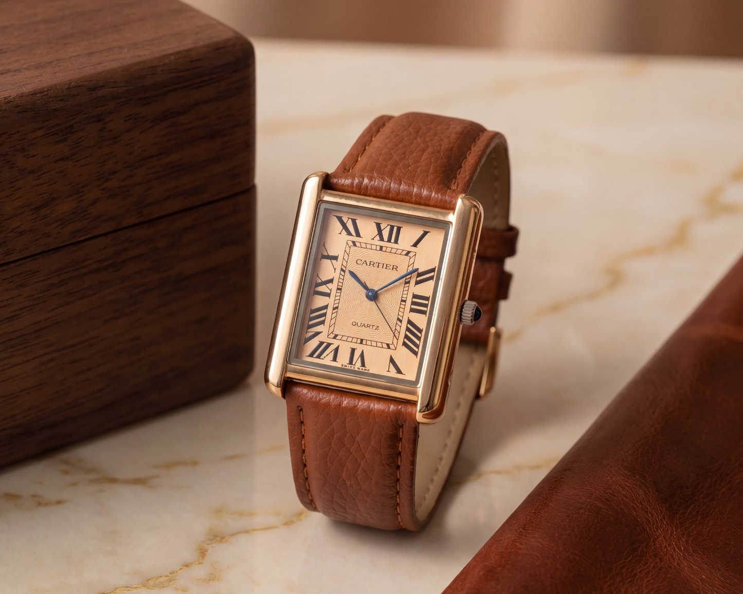 Classic Roman Dial Gold Rectangular Watch – Brown Leather Strap (Vintage Luxury Style)