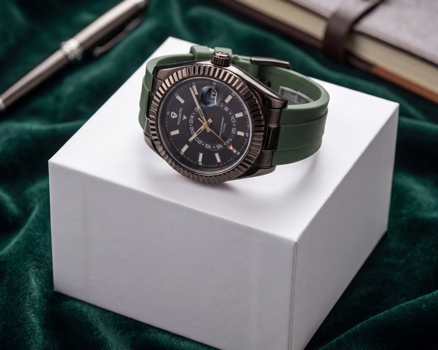 TICARTO Premium Black Dial Wrist Watch with Green Strap – Luxury Elegant Design (T-3706)