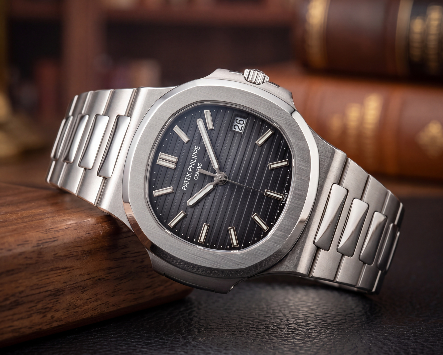 Luxury Stainless Steel Patek Philippe Nautilus Style Watch – Black Dial with Date Window