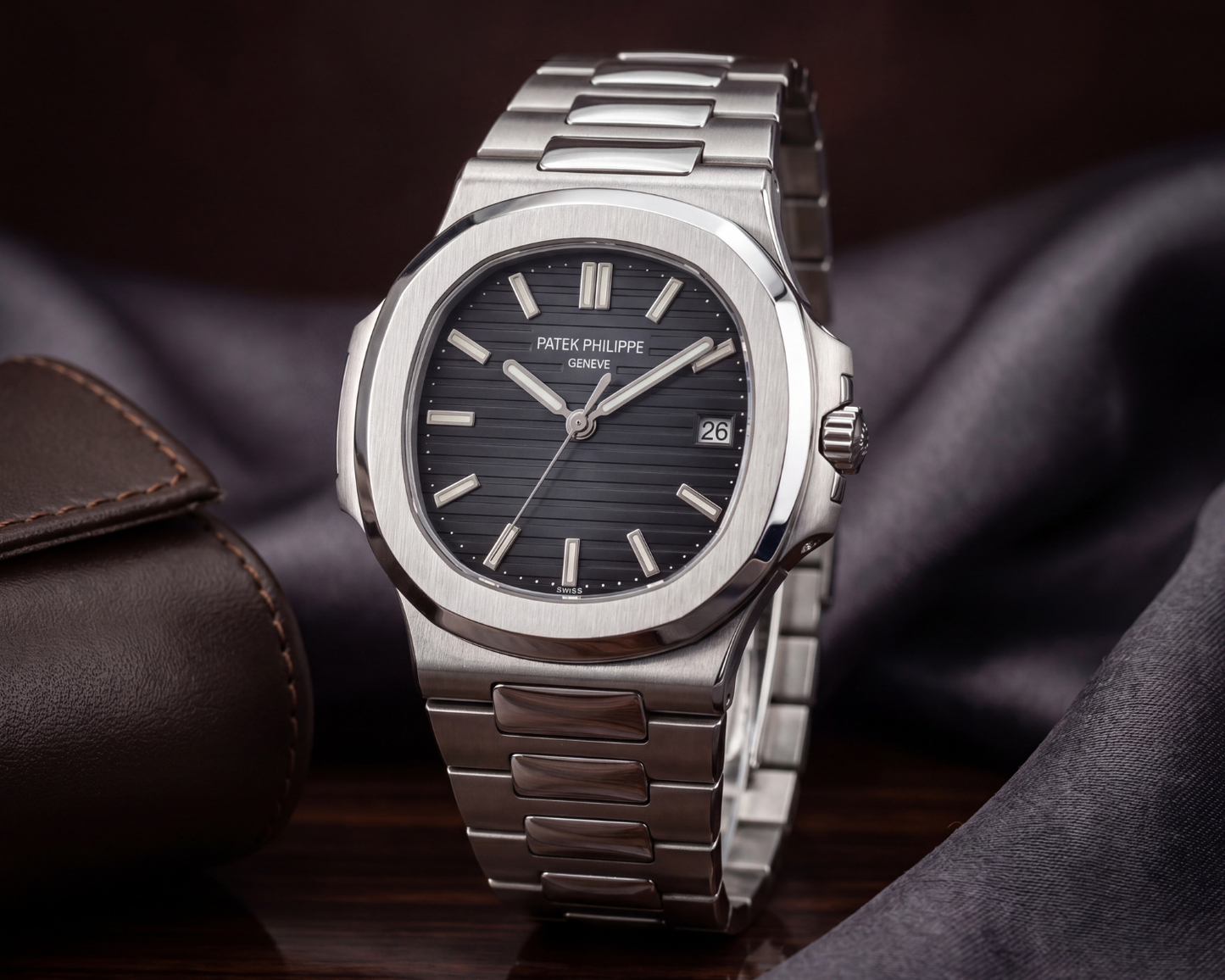 Luxury Stainless Steel Patek Philippe Nautilus Style Watch – Black Dial with Date Window