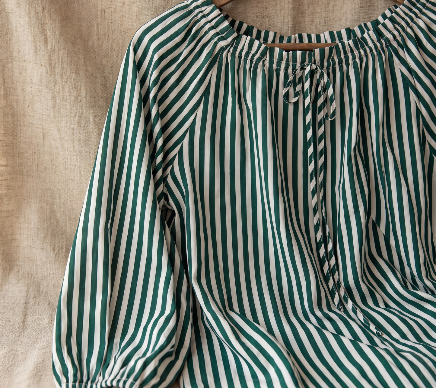 Thrifted Emerald Striped Boho Top with Tie-Neck